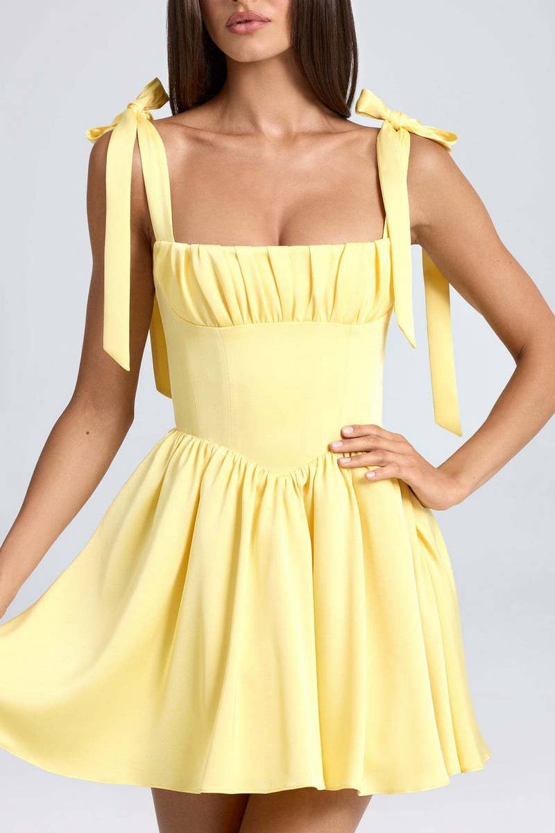CWDSD8121_SQUARE NECK HIGH WAIST PLEATED BOW SLIP DRESS