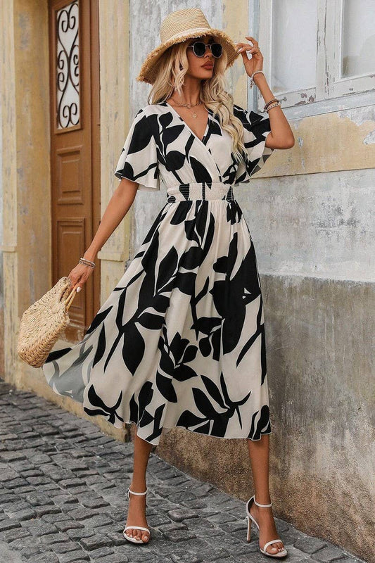 CWDMD4375_CROSSOVER NECK BELTED FLORAL PRINT SLIT DRESS