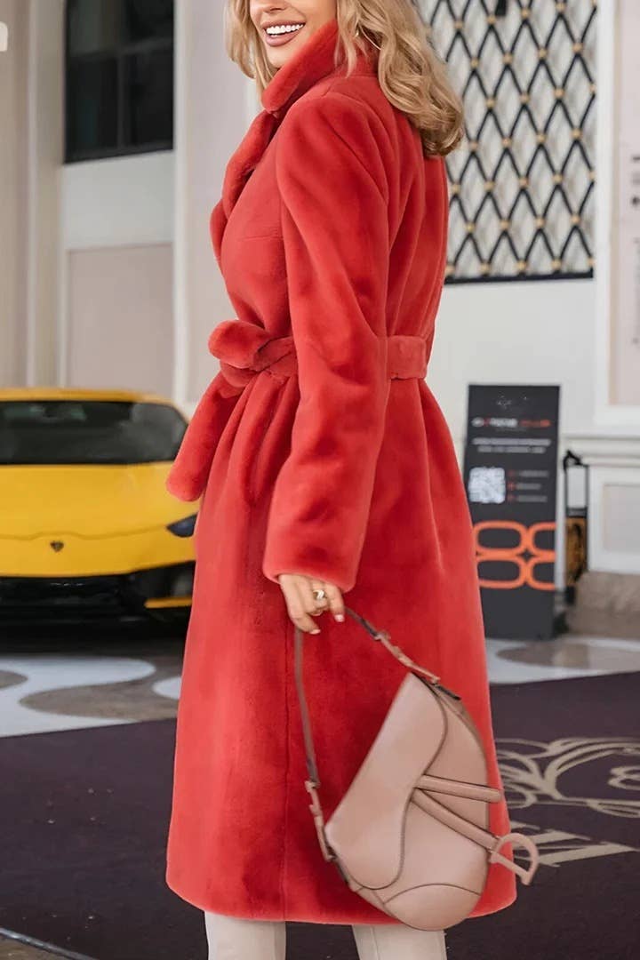 STYLISH AND ELEGANT LACE-UP LAPEL PLUSH LONG COAT