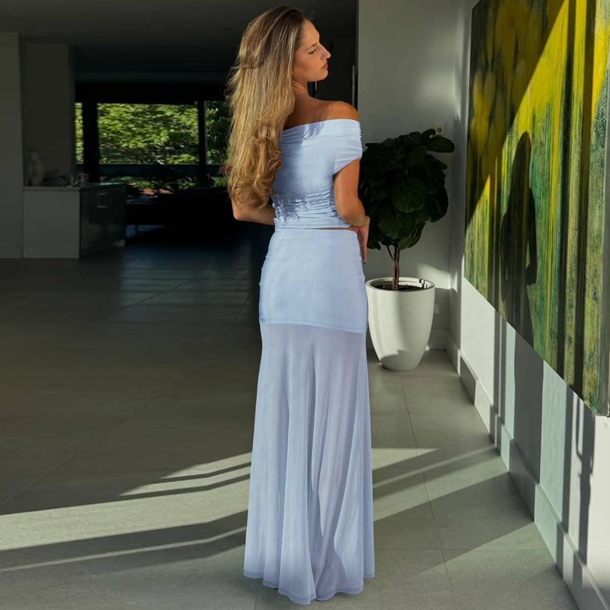 One-shoulder top mesh fabric patchwork skirt set