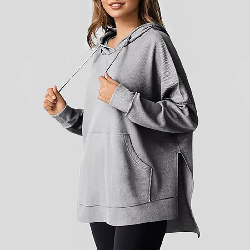 WOMEN'S LONG-SLEEVED WAFFLE POCKET HOODED JUMPER