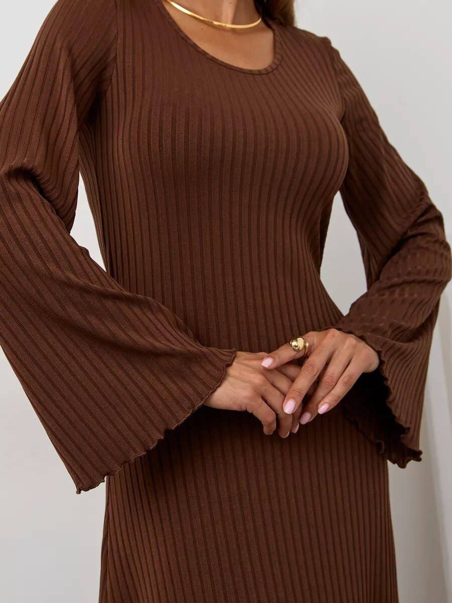 Loose U collar back strap flared sleeve dress