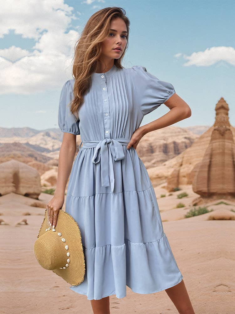 Stand collar pleated dress