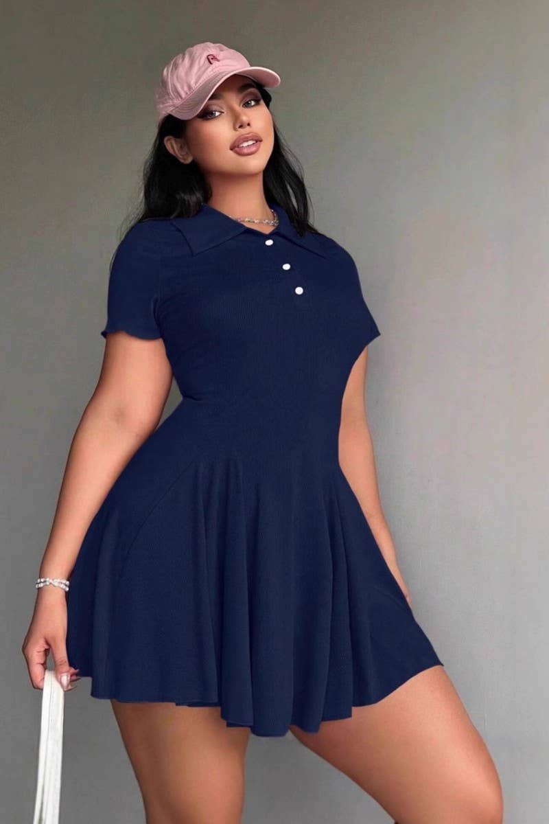 CWDSD10876_SOLID COLOR POLO COLLAR SHORT SLEEVE DRESS