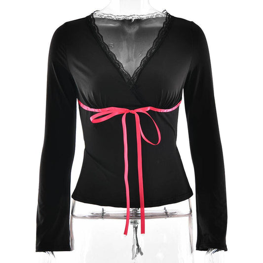 V-neck lace-trimmed bow sexy slimming T-shirt