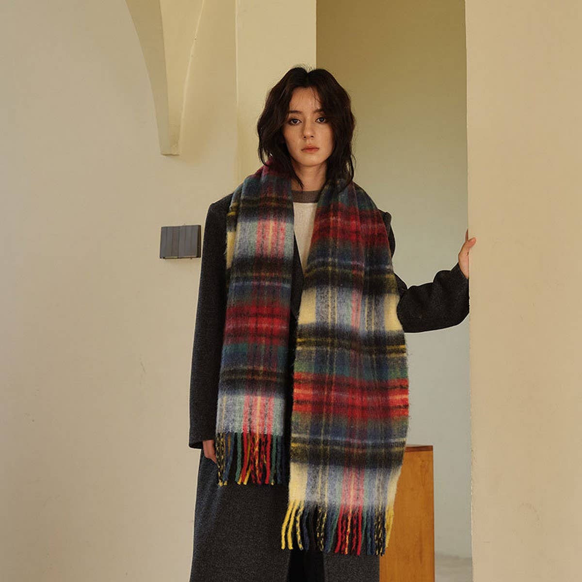 Colorblock Plaid Wool Blend Scarf ? Unisex Wrap