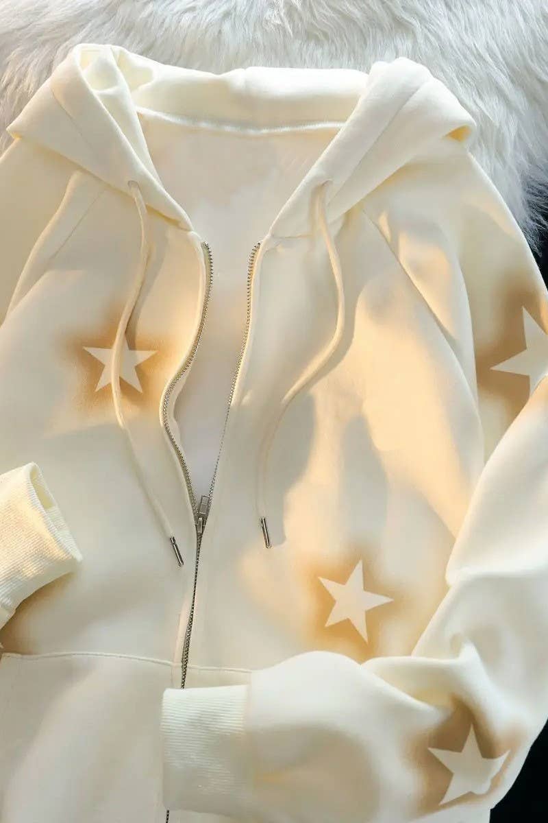 CWOCO1185_STAR PRINT LOOSE CASUAL ZIP-UP HOODED JACKET