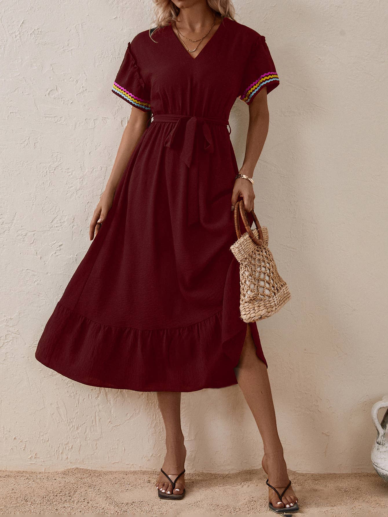 V-neck short sleeve lace-up mid-length dress