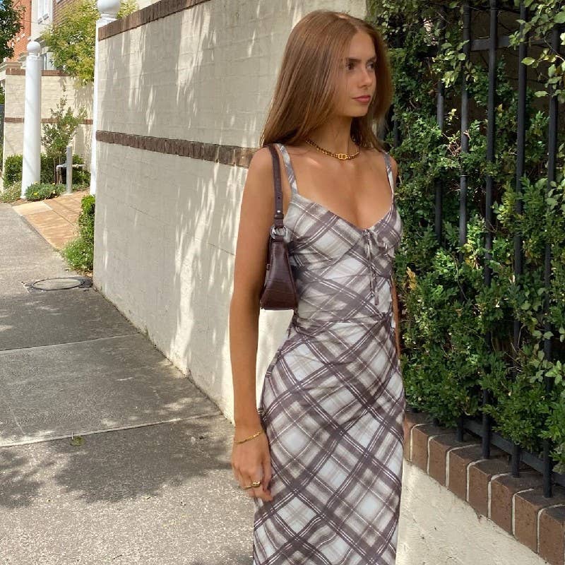 Vintage plaid sexy low cut spaghetti strap dress