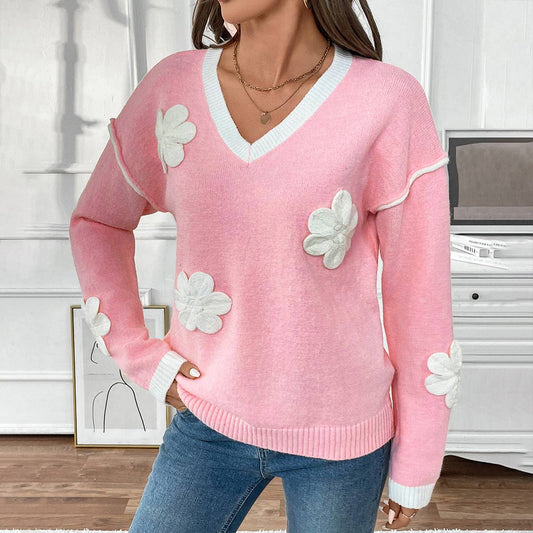 V-NECK THREE-DIMENSIONAL APPLIQUE SWEATER