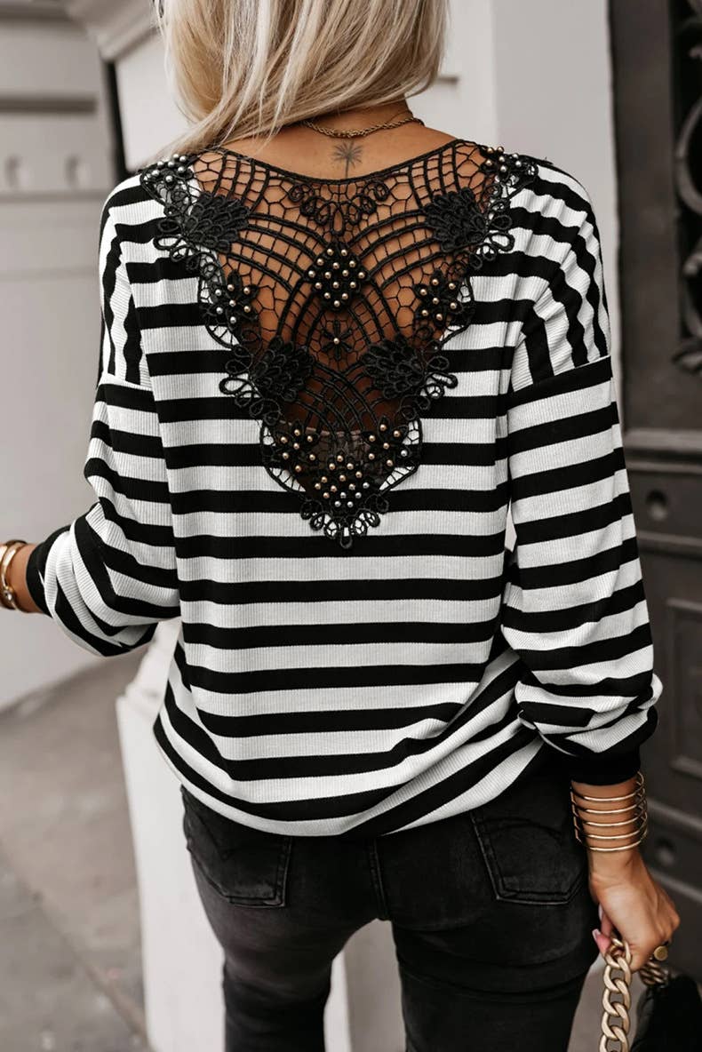 STYLISH STRIPED CROCHET CUTOUT BACK KNITWEAR