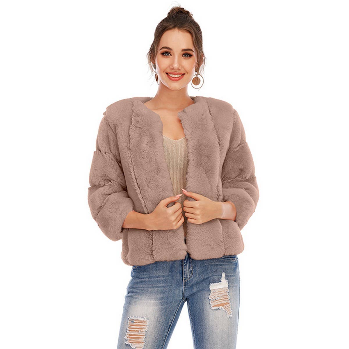 Trendy Women's Faux Fur Round Neck Short Coat