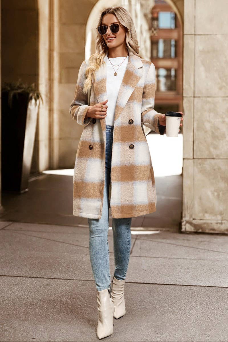 CWOCO00165_CASUAL VINTAGE DOUBLE-BREASTED PLAID BLAZER COAT