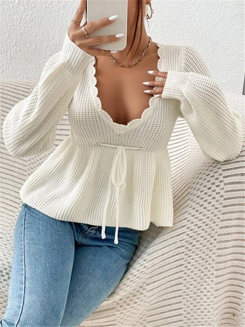 V-neck drawstring tie ruffled hem knit sweater
