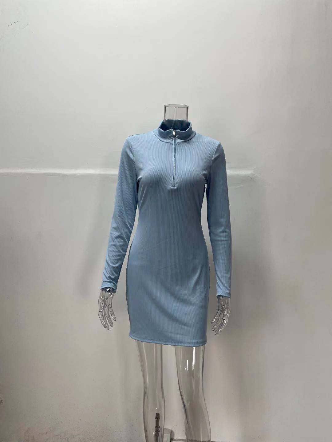 LAPEL ZIP-UP HIGH-WAISTED LONG-SLEEVED BASE DRESS