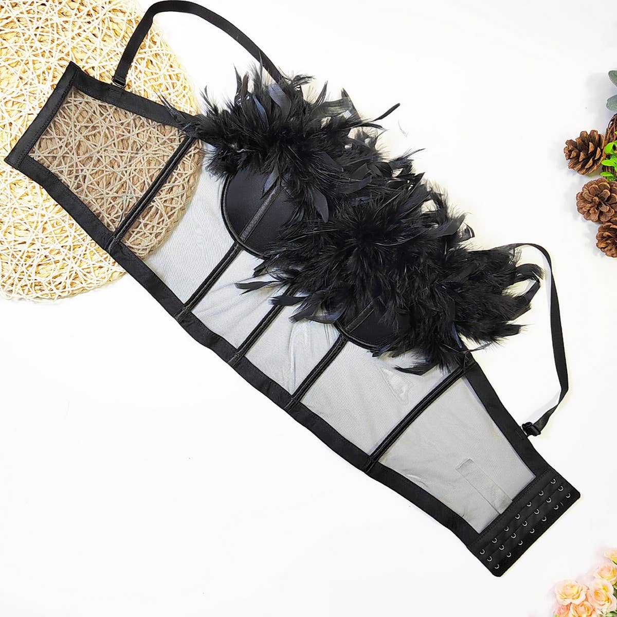 SEXY FEATHER SEE-THROUGH MESH HERRINGBONE CORSET