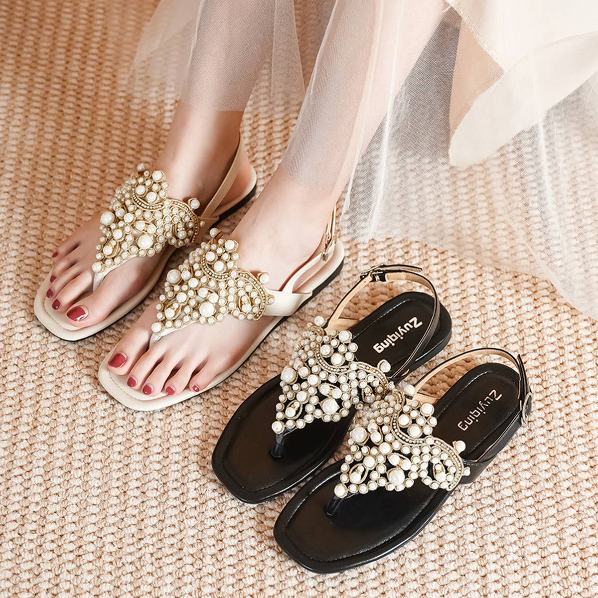 2024 PEARL SQUARE TOE FLIP-TOE OPEN TOE SANDALS_CWSHS0703