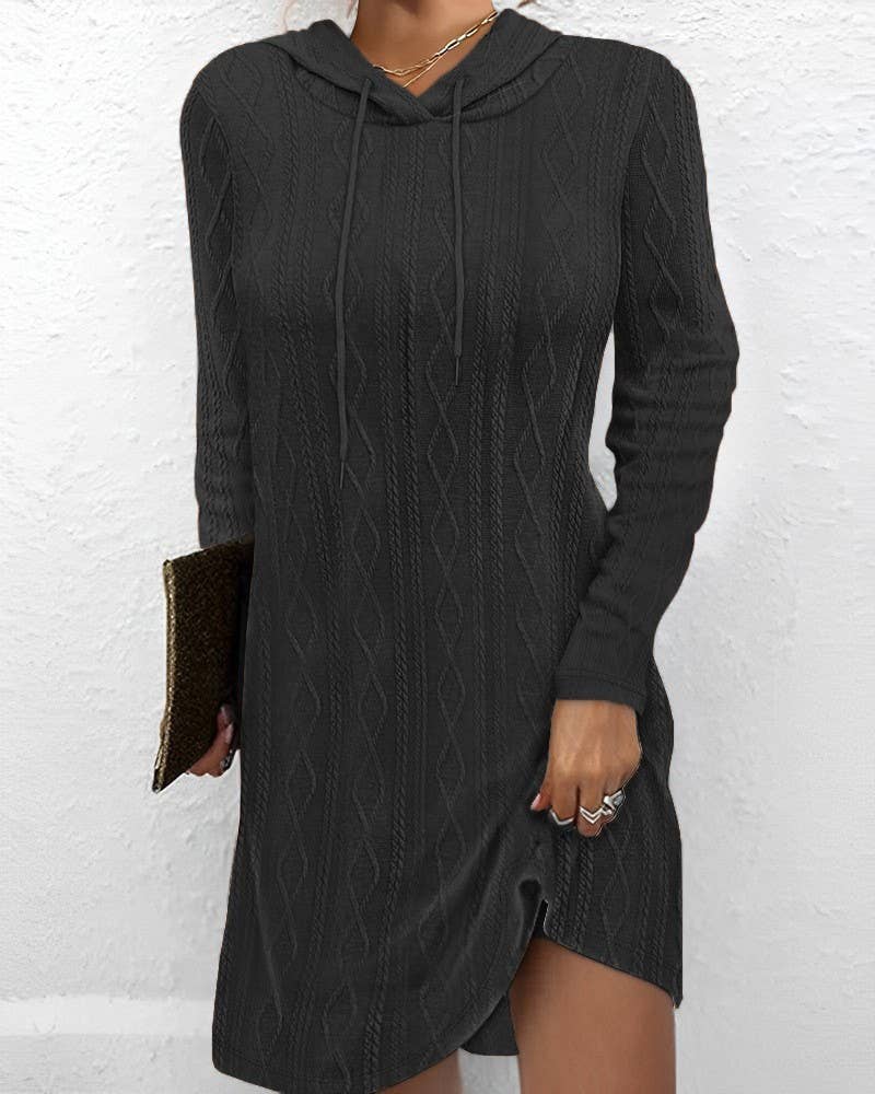 SOLID COLOR LONG-SLEEVED HOODED JUMPER KNIT DRESS