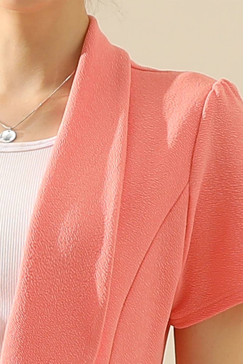 CWOBL095_Short Sleeve Open Front Draped Ruffles Blouses