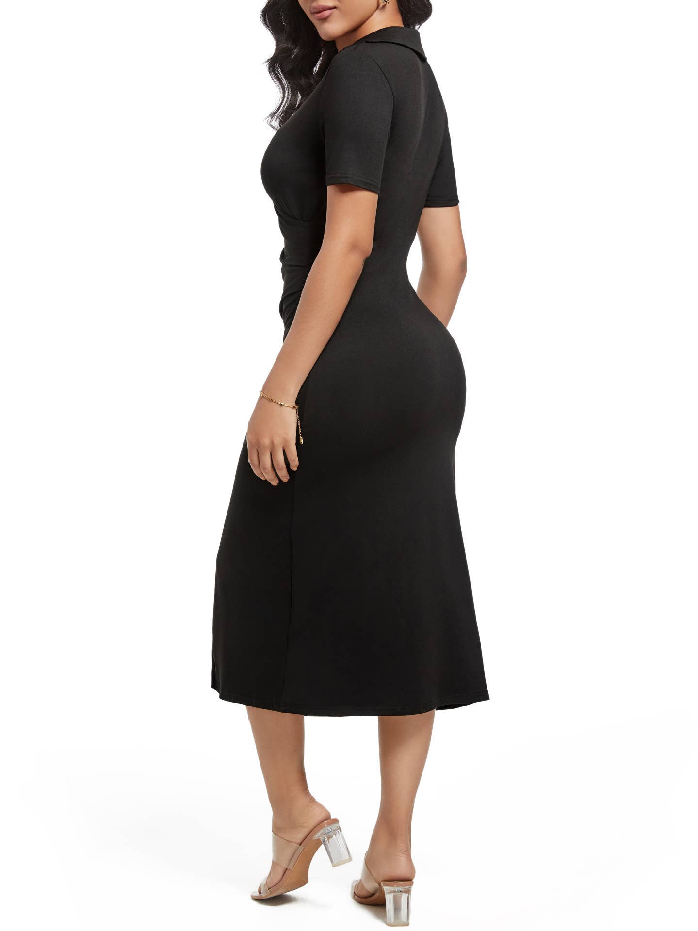 POLO COLLAR CROSS PLEATED SLIT KNITTED LONG DRESS