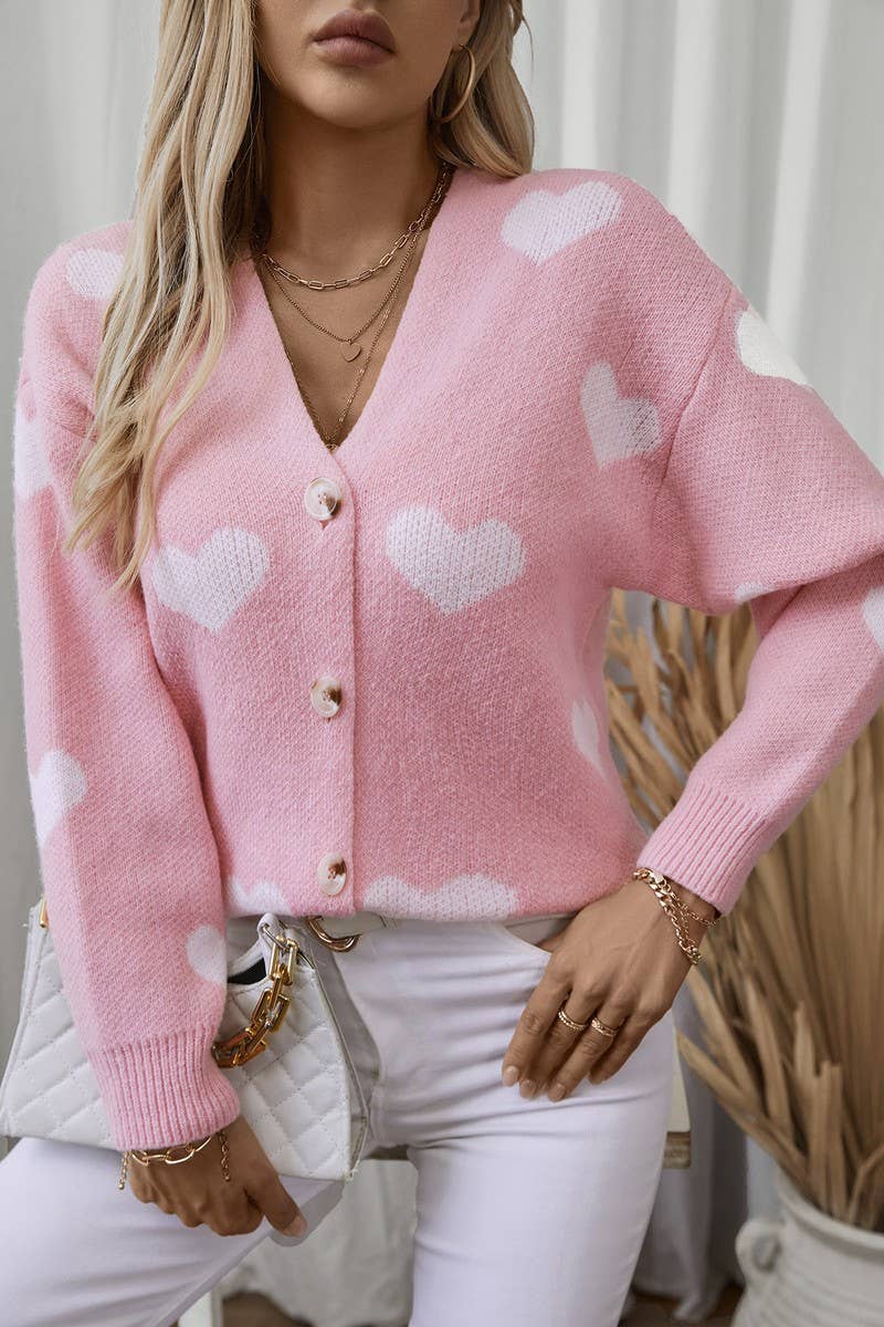 CWOCAL0855_HEART SINGLE BREASTED KNITTED CARDIGAN SWEATER