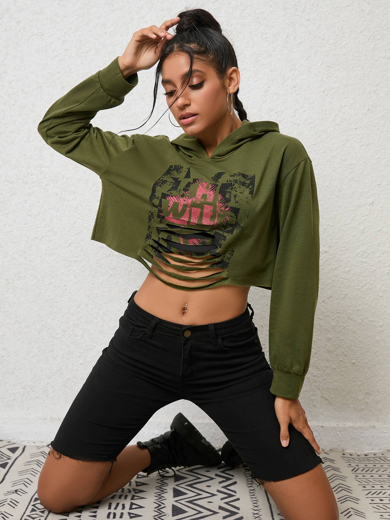 SOLID COLOR CROP HOODIE STREETWEAR WITH SLEEVES