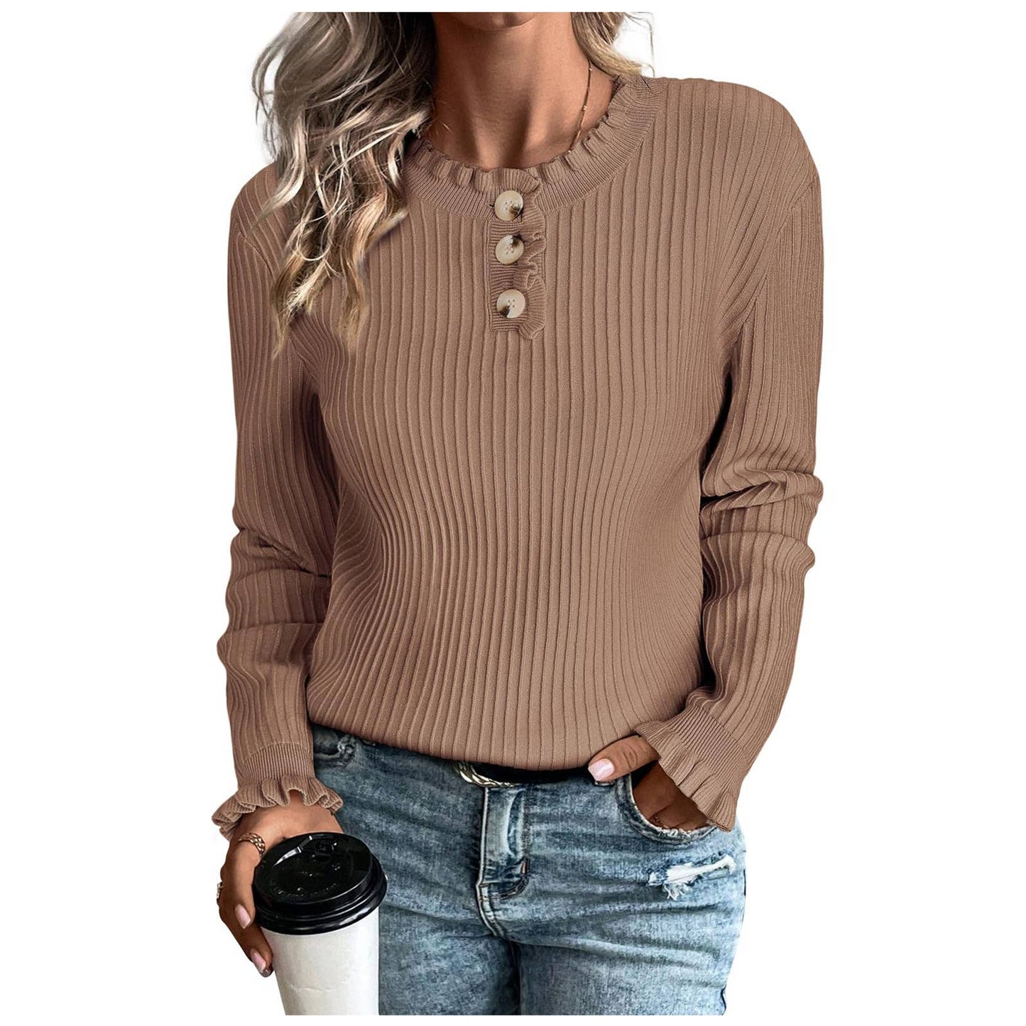 ROUND NECK WOODEN EAR NECK WOMEN'S KNITTED TOP