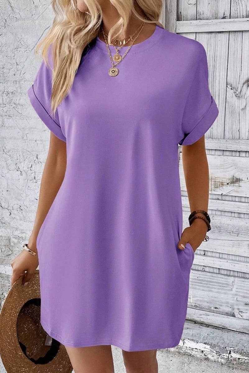 CWDSD3628_SOLID COLOR ROUND NECK LOOSE POCKET SHORT DRESS