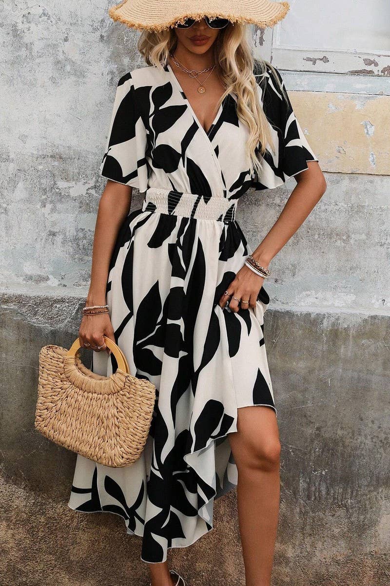 CWDMD4375_CROSSOVER NECK BELTED FLORAL PRINT SLIT DRESS