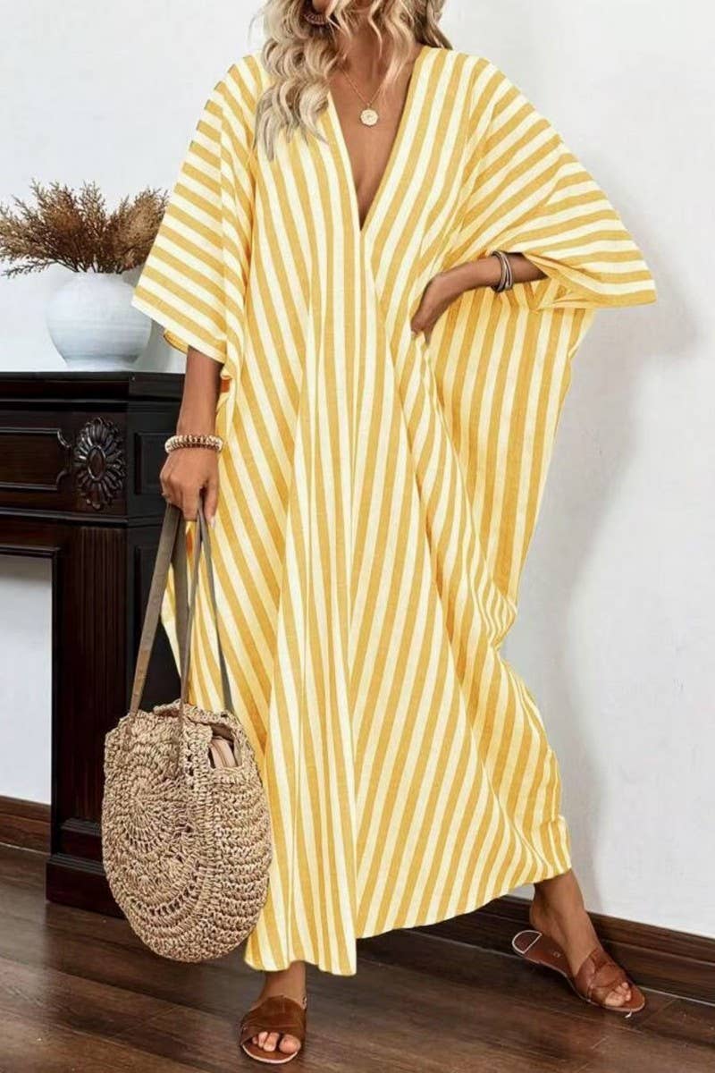 CWDMD5853_CASUAL LOOSE V-NECK STRIPED MAXI DRESS