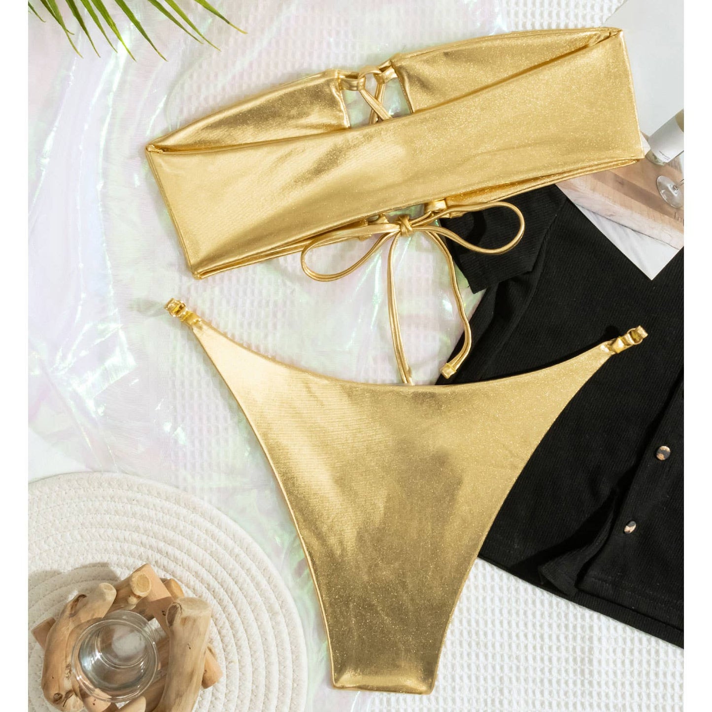 Gold Foil Bikini Set - Sexy Strapless Swimsuit