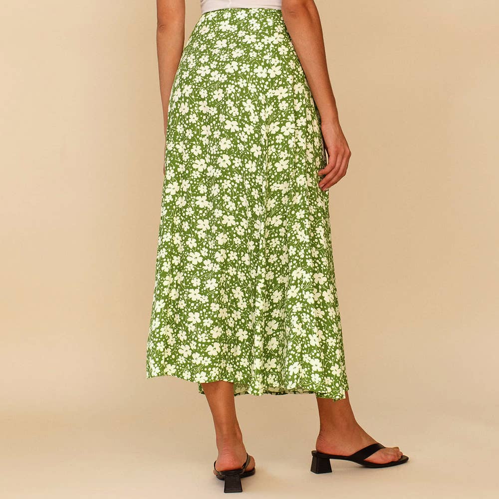 Floral High Waist Slit Midi A-Line Skirt