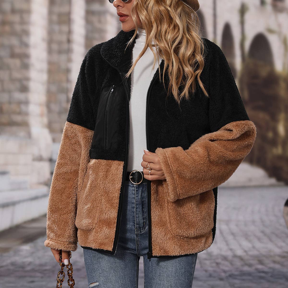 Lapel long sleeve zipper fleece jacket