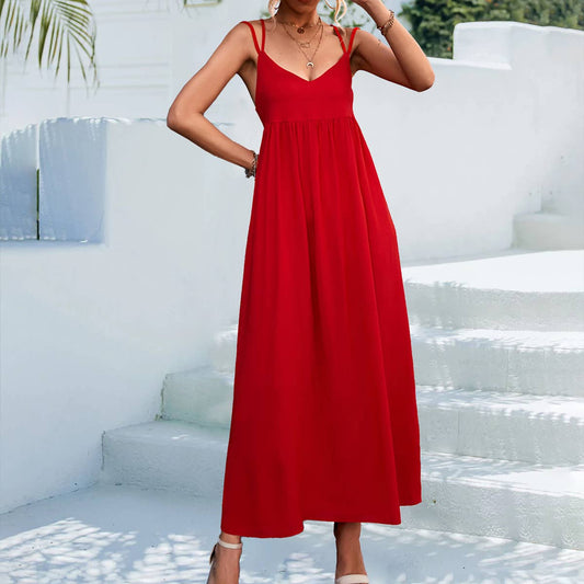 Sexy V-neck solid-color backless halter dress