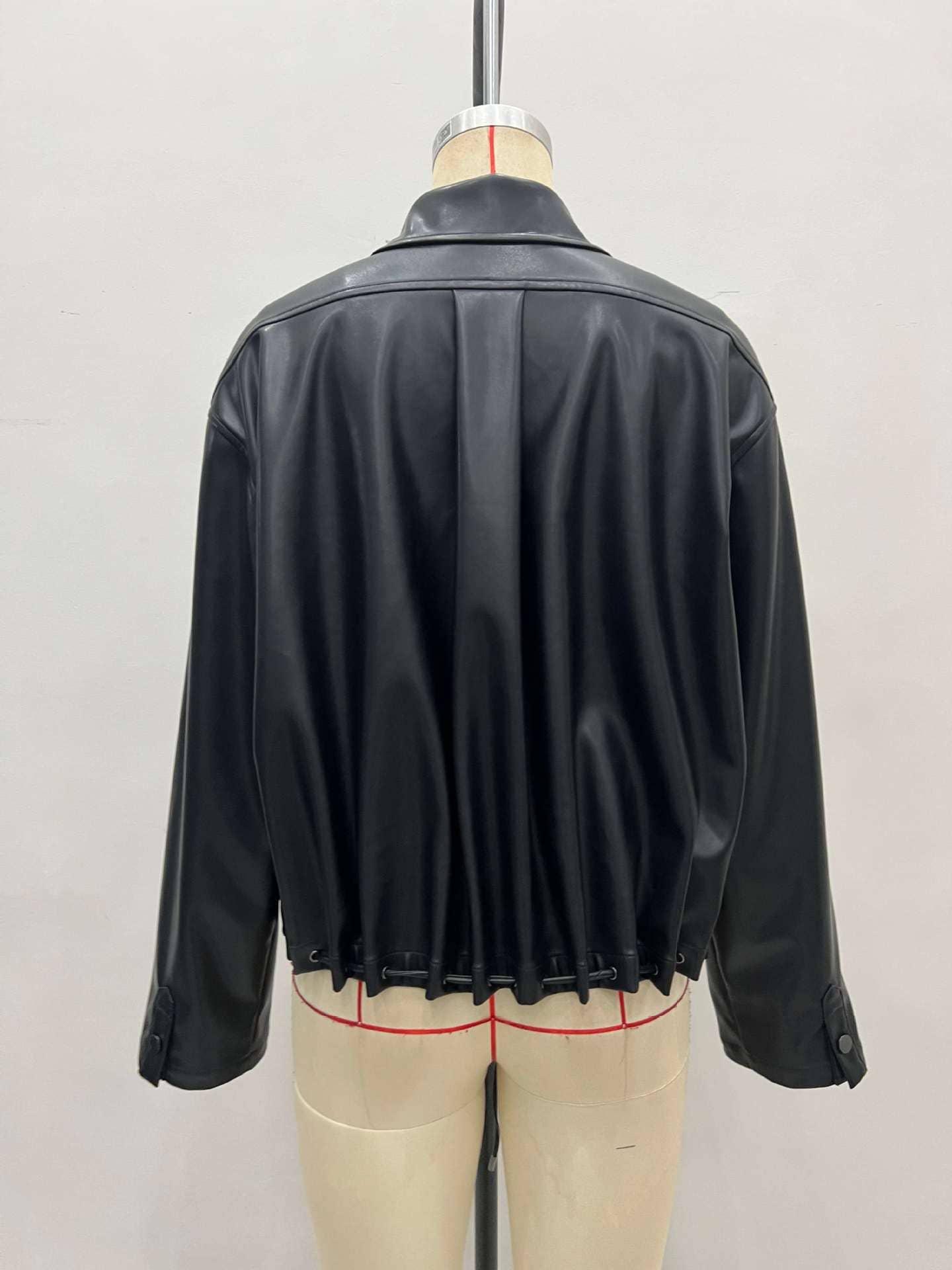 Lapel lustrous leather hem drawstring coat