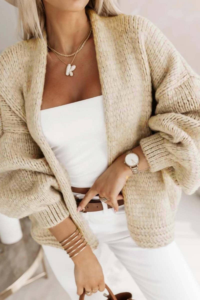 CWOCAL00728_SOLID CHUNKY KNIT V NECK LANTERN SLEEVE CARDIGAN