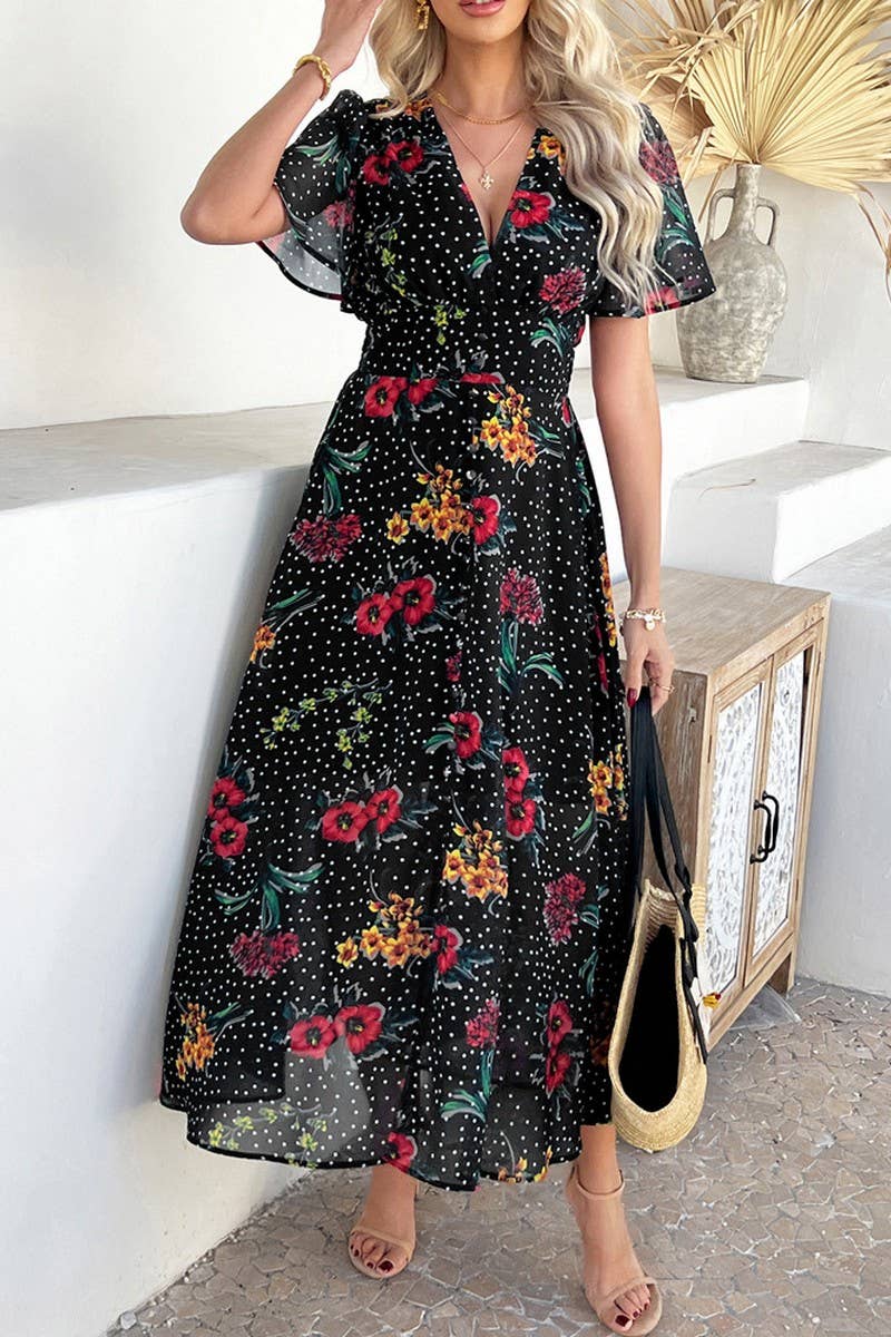 CWDMD5354_SUMMER SEXY DEEP V PRINTED SHORT SLEEVE DRESS