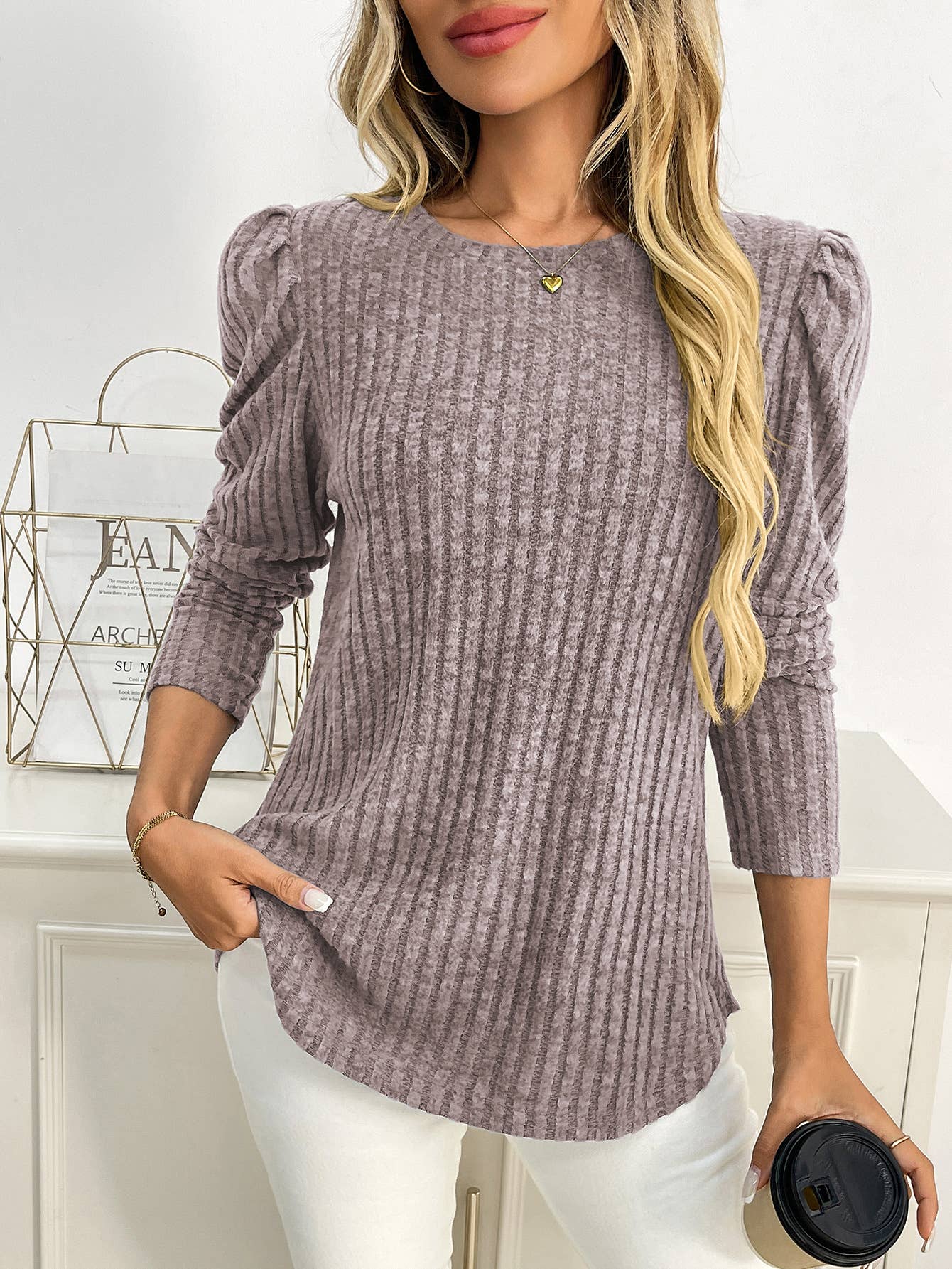 Round-neck puffed-sleeve brushed striped T-shirt