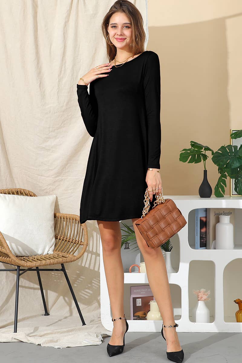 CWDSD10398_LONG SLEEVE WIDE ROUND NECK LOOSE FIT DRESS