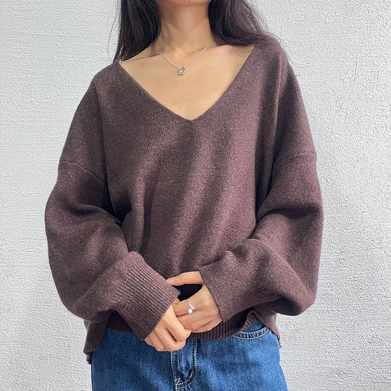 V-neck solid color loose wool sweater