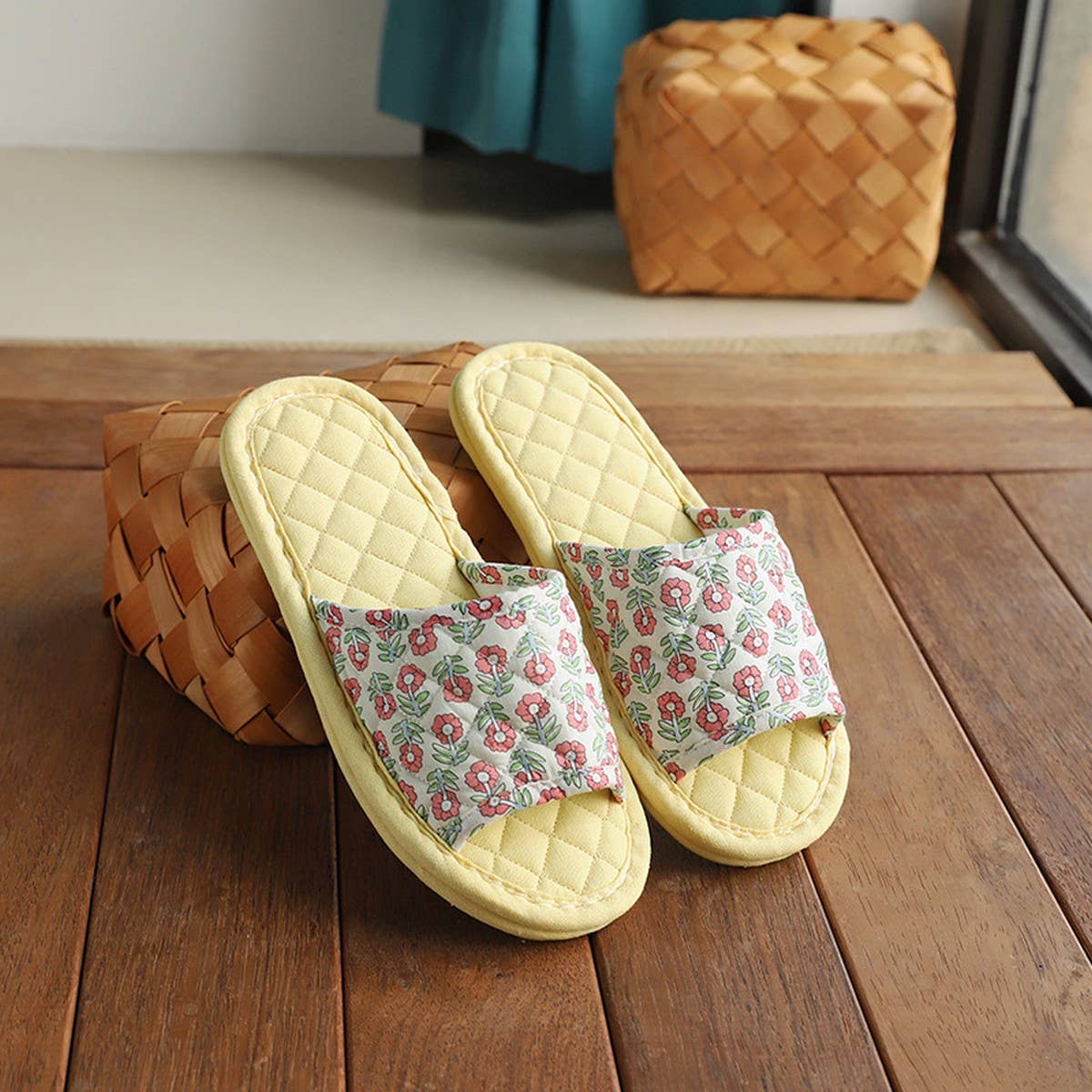 Floral Cotton Linen Slippers with Soft Sole