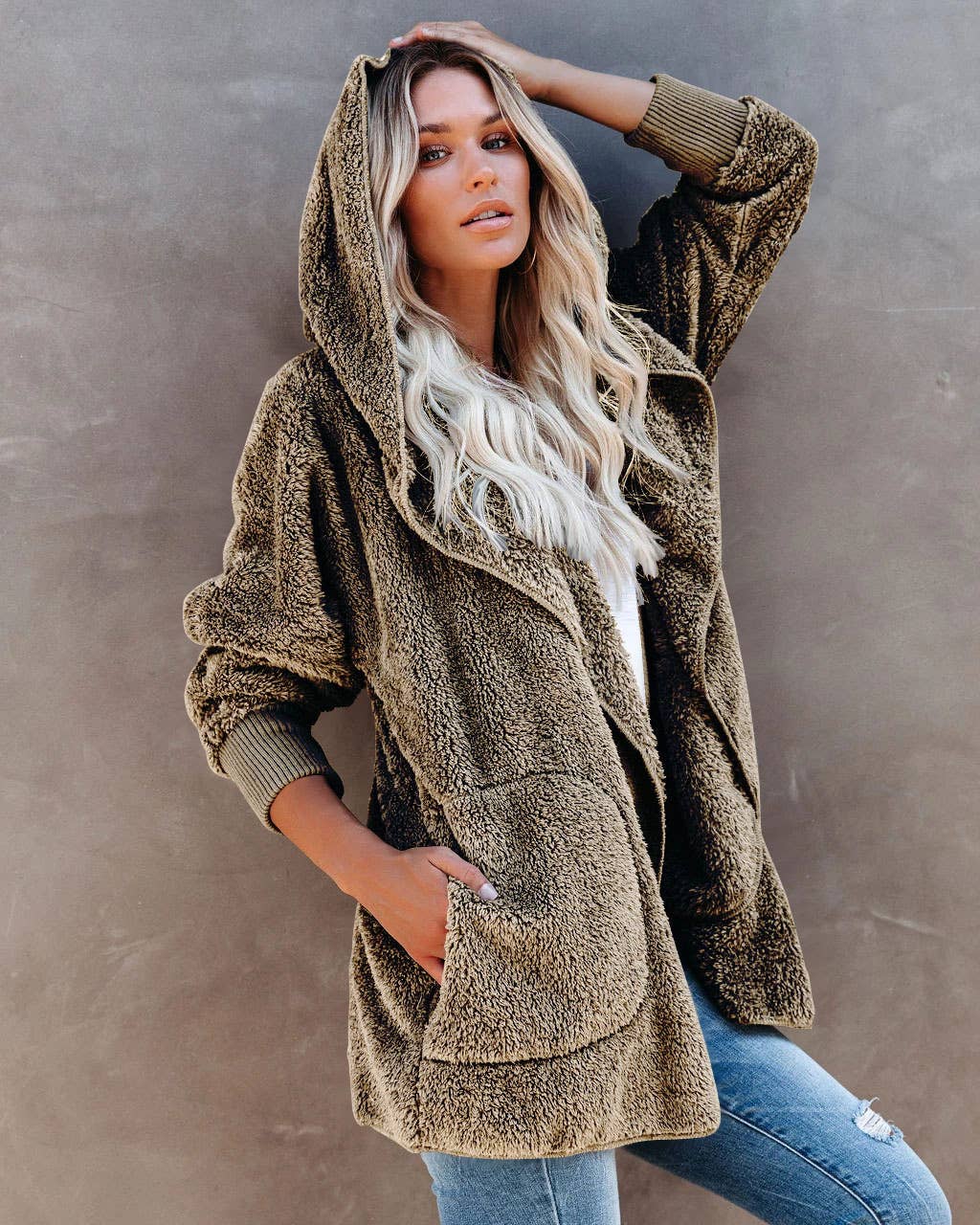 LONG SLEEVE CASUAL HOODED SOLID COLOR CARDIGAN