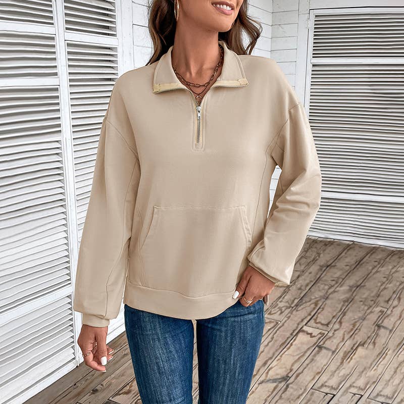 LAPEL LONG SLEEVE ZIPPER LOOSE CASUAL HOODIE