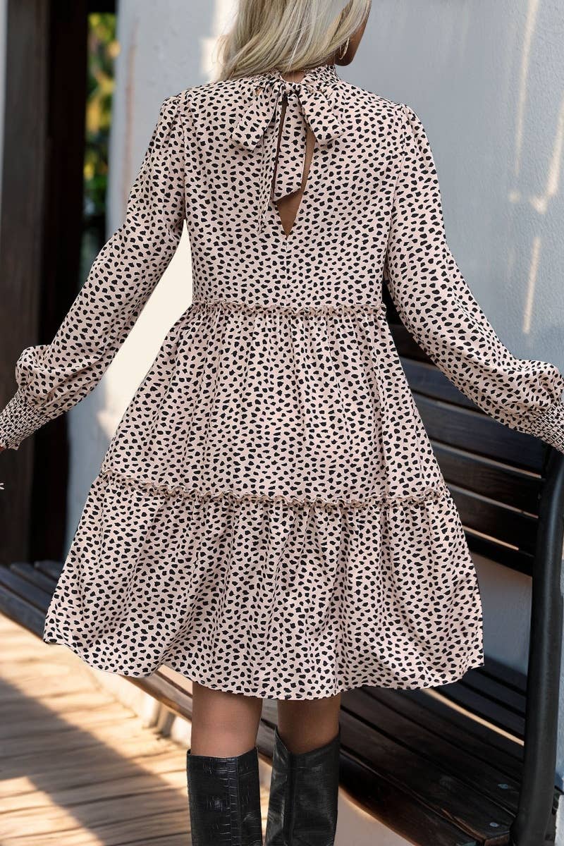 CWDSD6519_CHOKER LONG SLEEVE LEOPARD PRINT WAIST DRESS