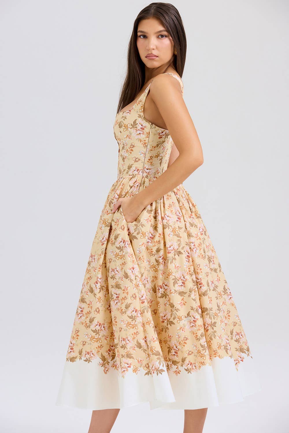 Sexy U-collar slim button-up floral long dress