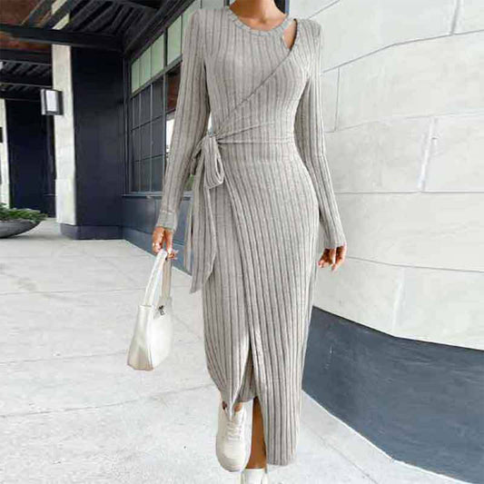 LONG-SLEEVED LACE-UP WAISTLINE KNIT DRESS