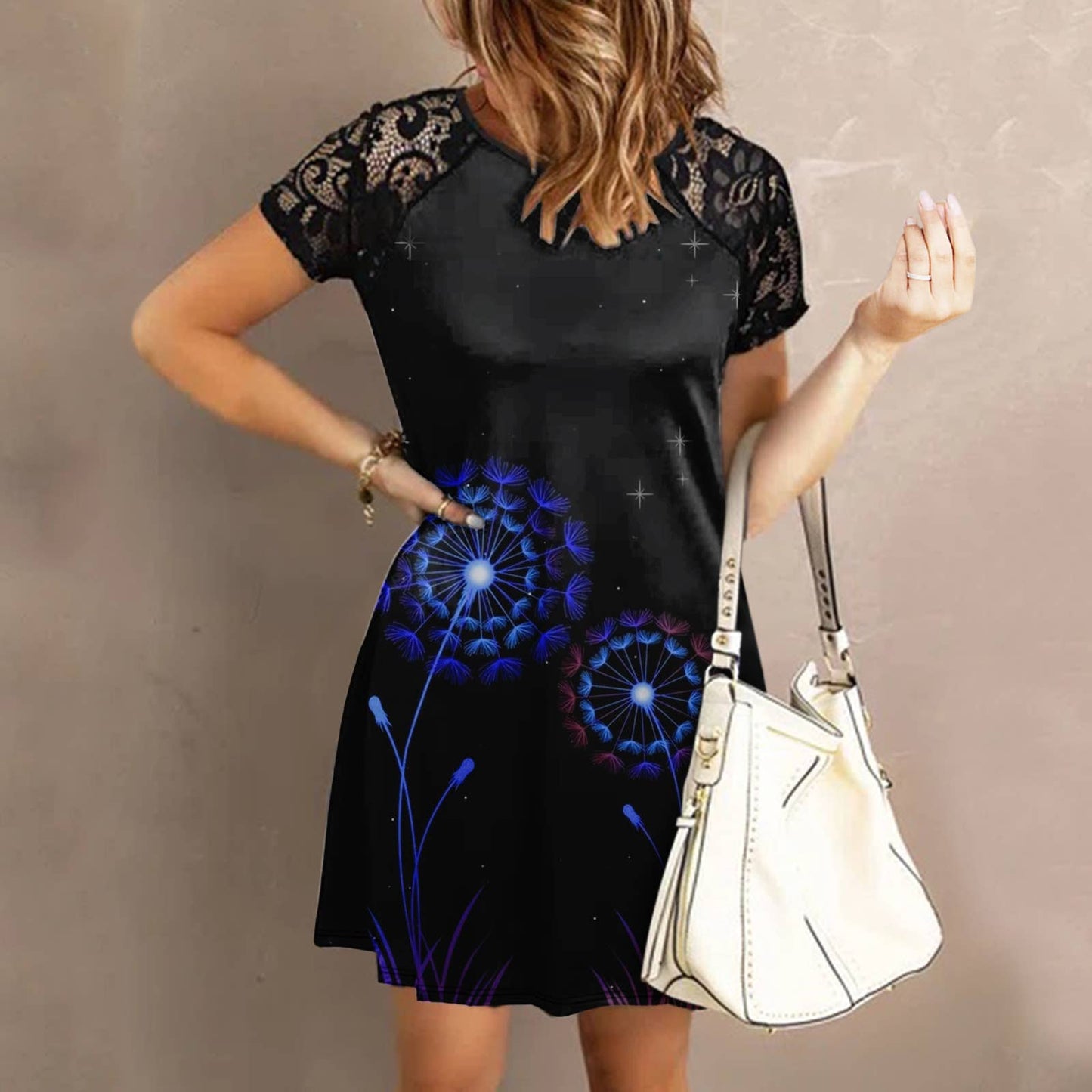 LACE PATCHWORK PRINT SHORT-SLEEVED DRESS