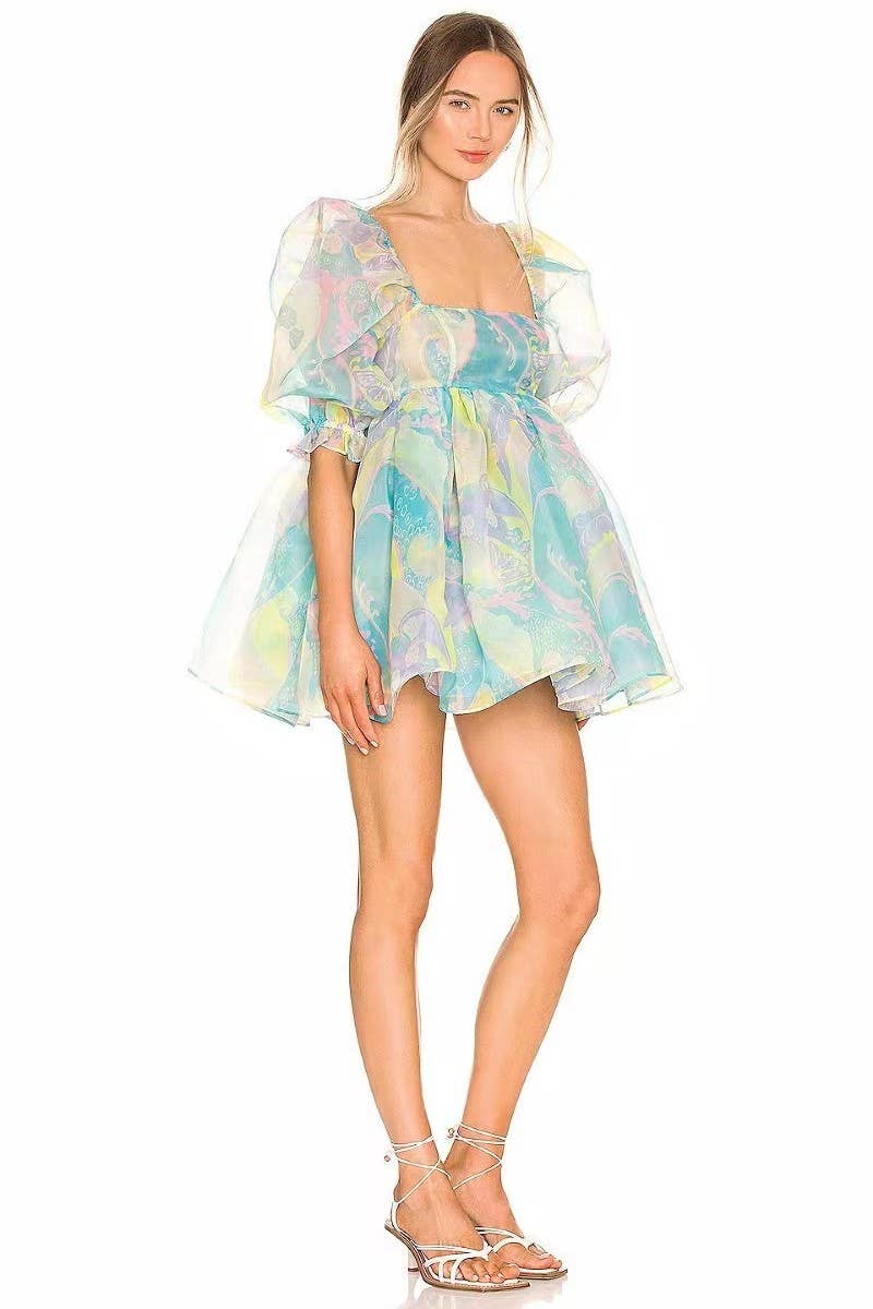 CWDSD8135_SWEET FLORAL TIERED MESH PUFF DRESS