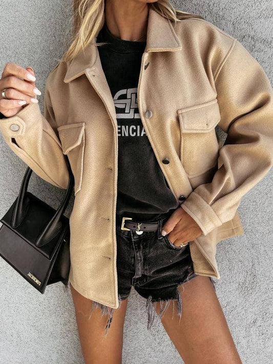 FASHIONABLE SOLID SINGLE-BREASTED WOOL COAT