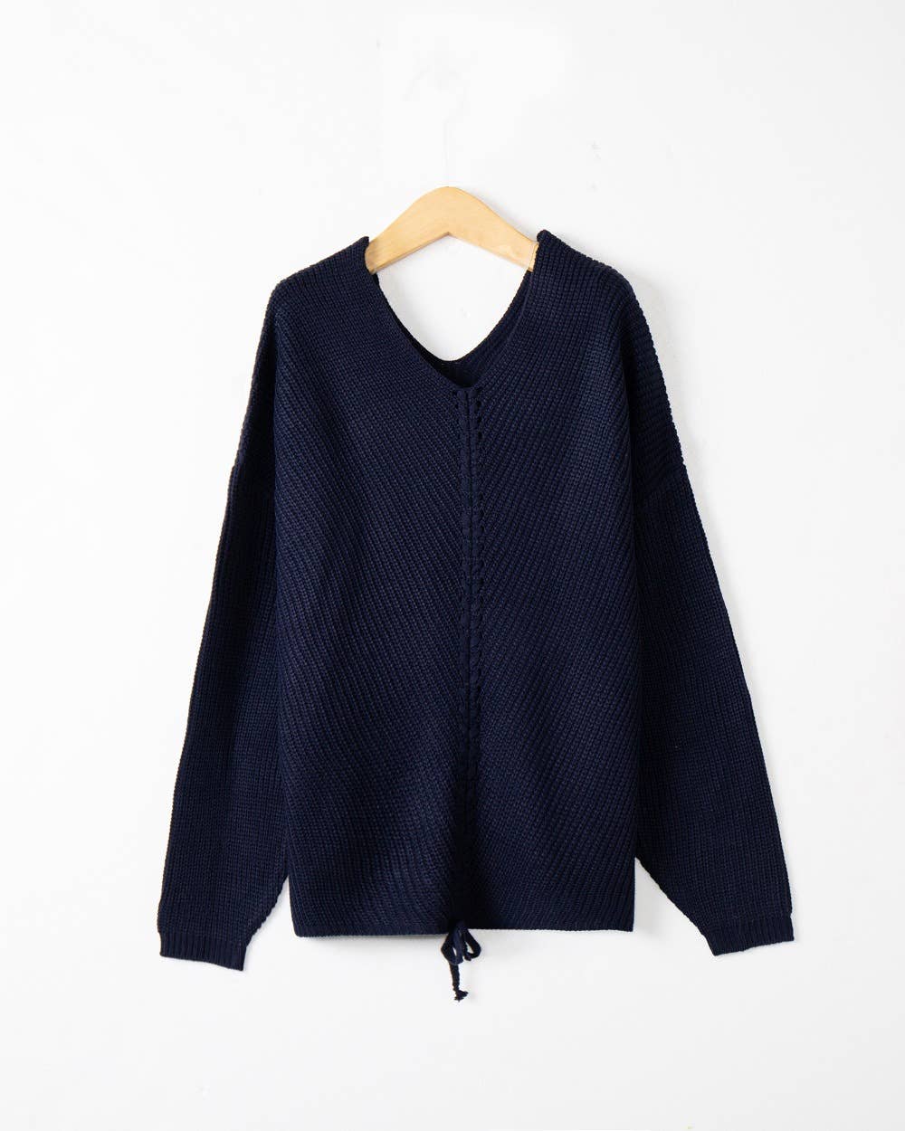 LONG SLEEVE LOOSE DRAWSTRING V-NECK SWEATER WOMAN